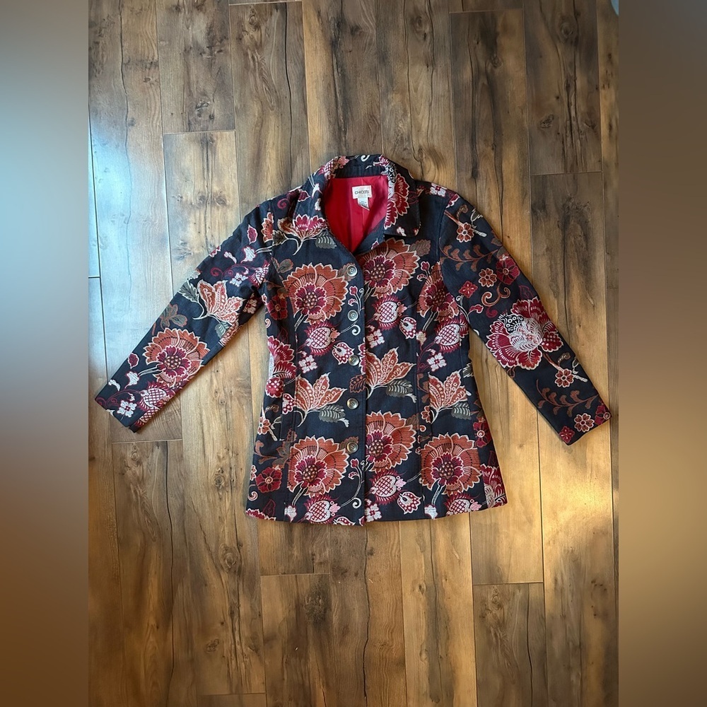 Chico’s Floral Embroidered Jacket Tapestry Boho Cottagecore Statement Coat